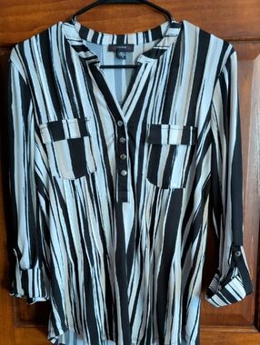 Cocomo Black, White & Tan Striped Button-Front Tunic